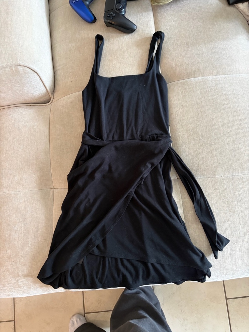 Aritizia Wilfred Black Mini Wrap Dress with Slim Straps